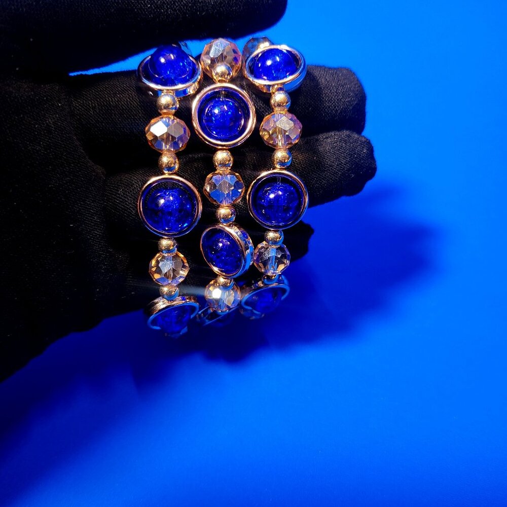 NWOT 3 Gorgeous Glass Bead & Gold Metal Bracelets - Royal Blue